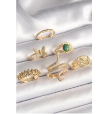 Pirinç Gold Renk İşlemeli Yılan Figür Kelebek Detay 6'Lı Kadın Yüzük Seti - TJ-BYK3614