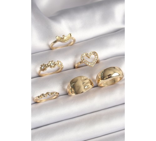 Pirinç Gold Renk Zirkon Taşlı Kalp Figür Çiçek Detay 6'Lı Kadın Yüzük Seti - TJ-BYK3618 Pirinç Gold Renk Zirkon Taşlı Kalp Figür Çiçek Detay 6'Lı Kadın Yüzük Seti - TJ-BYK3618