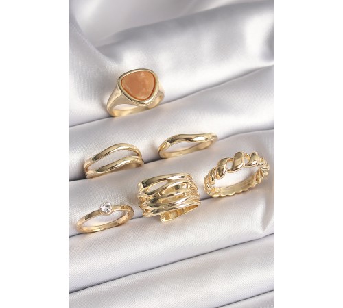 Pirinç Gold Renk Kahverengi Mineli Zirkon Taş Detaylı Sarmal Model 6'Lı Kadın Yüzük Seti - TJ-BYK3623 Pirinç Gold Renk Kahverengi Mineli Zirkon Taş Detaylı Sarmal Model 6'Lı Kadın Yüzük Seti - TJ-BYK3623