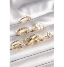Pirinç Gold Renk Beyaz Çiçek Figür Zirkon Taşlı Kadın 6'Lı Kadın Yüzük Seti - TJ-BYK3626