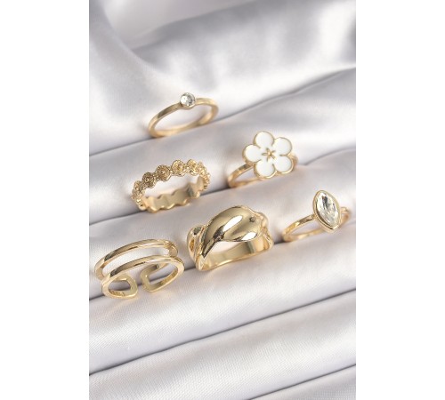 Pirinç Gold Renk Beyaz Çiçek Figür Zirkon Taşlı Kadın 6'Lı Kadın Yüzük Seti - TJ-BYK3626 Pirinç Gold Renk Beyaz Çiçek Figür Zirkon Taşlı Kadın 6'Lı Kadın Yüzük Seti - TJ-BYK3626