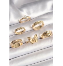 Pirinç Gold Renk Zirkon Taşlı İşleme Detaylı Kelebek Figürlü 6'Lı Kadın Yüzük Seti - TJ-BYK3627