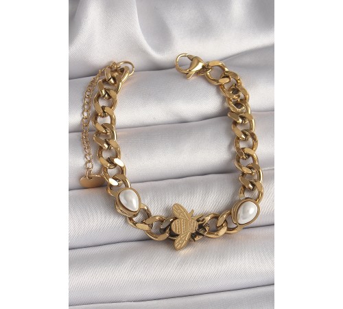 316L Çelik Gold Renk Kalın Zincir Model Arı Figür Damla İnci Detay Kadın Bileklik - TJ-BB6782 316L Çelik Gold Renk Kalın Zincir Model Arı Figür Damla İnci Detay Kadın Bileklik - TJ-BB6782