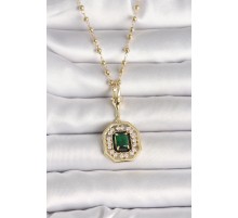 316L Çelik Gold Renk Topçuk Zincir Yeşil Taşlı Seranay Model Kadın Kolye - TJ-BKO9901