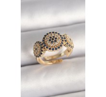 Pirinç Gold Renk Zirkon Taşlı Nazar Boncuk Model Ayarlanabilir Model Kadın Yüzük - TJ-BYK3698