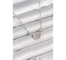 316L Çelik Gümüş Renk Zirkon Taşlı Hilal Pembe Kalp Model Kadın Kolye - TJ-BKO9930