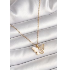 316L Çelik Gold Renk Zincir Zirkon Taşlı Beyaz Mineli Kelebek Model Kadın Kolye - TJ-BKO9940