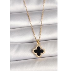 316L Çelik Gold Renk Zincir Zirkon Taşlı Yonca Model Kadın Kolye - TJ-BKO9990