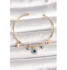 Pirinç Gold Renk Zirkon Taşlı Nazar Boncuk Detay Charm Kadın Bileklik - TJ-BB6883