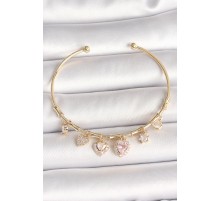 Pirinç Gold Renk Sallantı Pembe Zirkon Taşlı Kalp Figür Charm Kadın Bileklik - TJ-BB6888