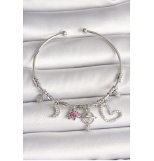Pirinç Gümüş Renk Sallantı Zirkon Taşlı Gezegen Figür Kalp Detay Charm Kadın Bileklik - TJ-BB6899
