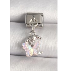 316L Çelik Gümüş Renk Zirkon Taşlı Hilal Pembe Mineli Kelebek Model Nomination Charm - TJ-BC1289