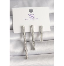 Pirinç Gümüş Renk Zirkon Taşlı Bambu Model 3'Lü Kadın Kombin Küpe - TJ-BKP10462