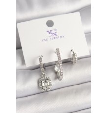 Pirinç Gümüş Renk Zirkon Taşlı Baget Halka Model 3'Lü Kadın Kombin Küpe - TJ-BKP10466