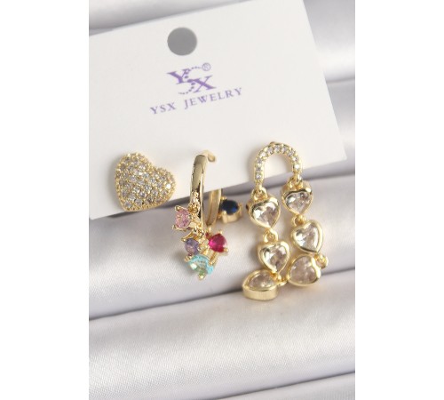 Pirinç Gold Renk Sallantı Zirkon Taşlı Kalp Model 3'Lü Kadın Kombin Küpe - TJ-BKP10469 Pirinç Gold Renk Sallantı Zirkon Taşlı Kalp Model 3'Lü Kadın Kombin Küpe - TJ-BKP10469