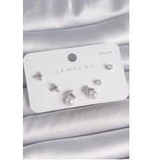 Pirinç Gümüş Renk Zirkon Taşlı Kelebek Model İnci Detay 925 Ayar Gümüş Çivi Kadın Küpe Seti - TJ-BKP10479