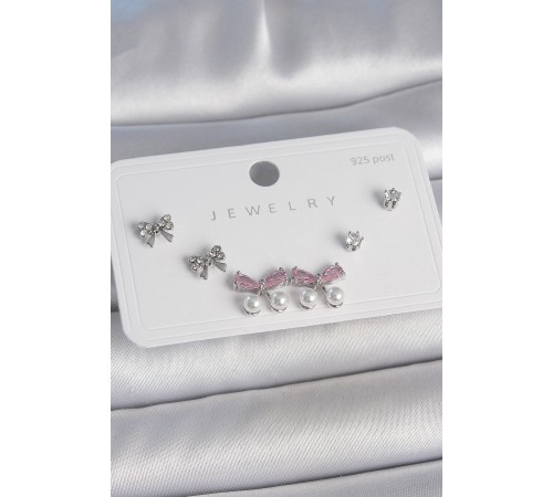 Pirinç Gümüş Renk Pembe Zirkon Taşlı Kurdele Model İnci Detay 925 Ayar Gümüş Çivi Kadın Küpe Seti - TJ-BKP10485 Pirinç Gümüş Renk Pembe Zirkon Taşlı Kurdele Model İnci Detay 925 Ayar Gümüş Çivi Kadın Küpe Seti - TJ-BKP10485