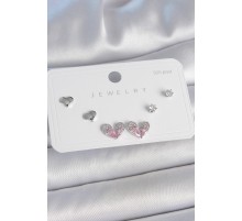 Pirinç Gümüş Renk Pembe Zirkon Taşlı Kalp Model 925 Ayar Gümüş Çivi Kadın Küpe Seti - TJ-BKP10493