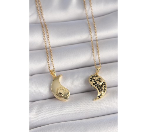 316L Çelik Gold Renk Zincir Zirkon Taşlı Ying Yang Model Gün Batımı İşlemeli Arkadaşlık Kadın Kolye - TJ-BKO10029