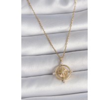 316L Çelik Gold Renk Zincir Zirkon Taşlı Pusula Model Kadın Kolye - TJ-BKO10039