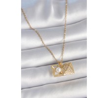 316L Çelik Gold Renk Zincir Zirkon Taşlı Açılır İncili Elmas Model Kadın Kolye - TJ-BKO10049