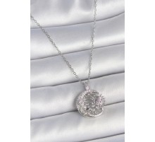 316L Çelik Gümüş Renk Zincir Ay Güneş Model Zirkon Taş Detay Kadın Kolye - TJ-BKO10056
