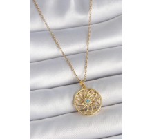 316L Çelik Gold Renk Zincr Mavi Taşlı Lotus Model Kadın Kolye - TJ-BKO10061
