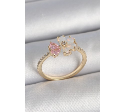 Pirinç Gold Renk Beyaz Mineli Pembe Zirkon Taşlı Çiçek Model Kadın Yüzük - TJ-BYK3709 Pirinç Gold Renk Beyaz Mineli Pembe Zirkon Taşlı Çiçek Model Kadın Yüzük - TJ-BYK3709