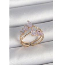 Pirinç Gold Renk Mor Damla Zirkon Taşlı Taç Model Kadın Yüzük - TJ-BYK3715