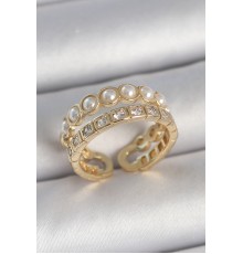 Pirinç Gold Renk 2'Li Zirkon Taşlı Ve İncili Ayarlanabilir Kadın Yüzük - TJ-BYK3721