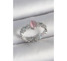 Pirinç Gümüş Renk Zirkon Taş Detaylı Pembe Mineli Damla Model Ayarlanabilir Kadın Yüzük - TJ-BYK3724