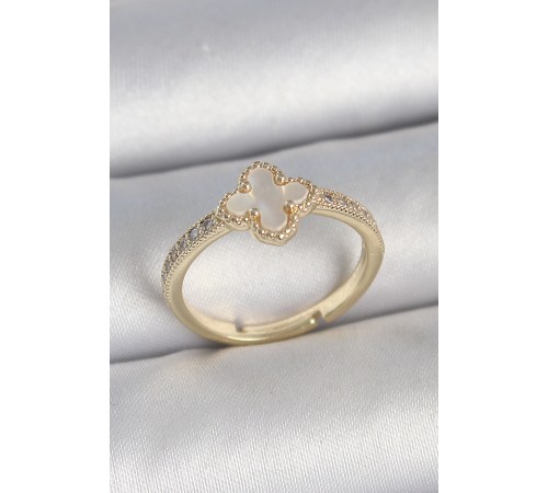 Pirinç Gold Renk Zirkon Taşlı Beyaz Mineli Yonca Model Ayarlanabilir Kadın Yüzük - TJ-BYK3737 Pirinç Gold Renk Zirkon Taşlı Beyaz Mineli Yonca Model Ayarlanabilir Kadın Yüzük - TJ-BYK3737