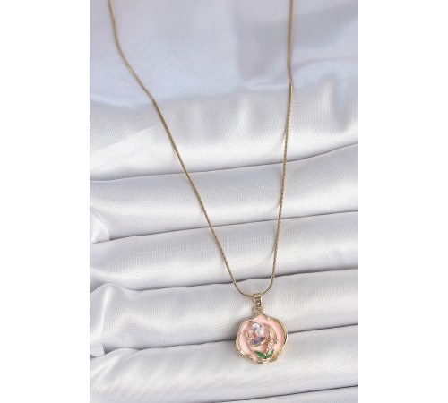 316L Çelik Gold Renk Zincir Pembe Renkli Çiçek İşlemeli İnci Detay Portre Model Kadın Kolye - TJ-BKO10075