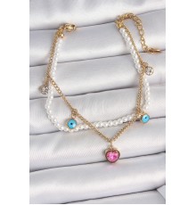 316L Çelik Gold Renk 2'Li İncili Zincir Sallantı Pembe Kalp Model Nazar Boncuk Detay Kadın Bileklik - TJ-BB6949