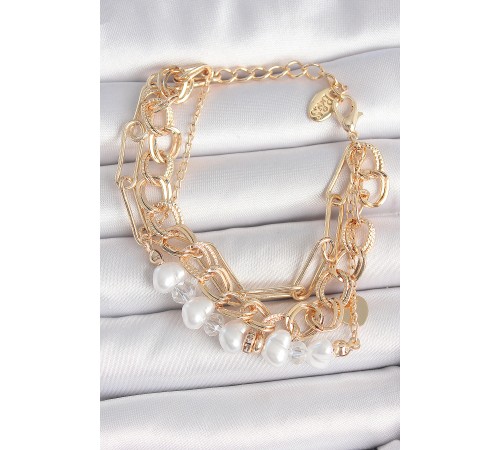 Pirinç Gold Renk Çoklu Zincir Model İncilli Zirkon Taş Detay Kadın Bileklik - TJ-BB6960 Pirinç Gold Renk Çoklu Zincir Model İncilli Zirkon Taş Detay Kadın Bileklik - TJ-BB6960