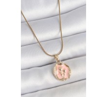 316L Çelik Gold Renk Zincir Pembe Mineli Çiçek İşlemeli Portre Model Kadın Kolye - TJ-BKO10165