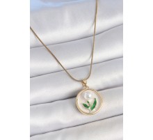 316L Çelik Gold Renk Zincir Beyaz Mineli İncili Çiçek İşlemeli Portre Model Kadın Kolye - TJ-BKO10170