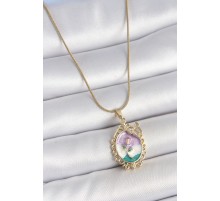 316L Çelik Gold Renk Zincir Mix Renk Mineli Çiçek İşlemeli Zirkon Taş Detaylı Portre Model Kadın Kolye - TJ-BKO10184