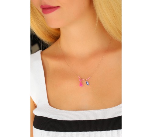 Nazar Boncuklu Pembe Renk Taşlı Rose Bayan Kolye - TJ-BKO4372 Nazar Boncuklu Pembe Renk Taşlı Rose Bayan Kolye - TJ-BKO4372