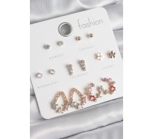 Pirinç Gold Renk Zirkon Taşlı Damla Model Yıldız Detaylı 7 Çift Kadın Küpe Seti - TJ-BKP10538