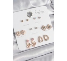 Pirinç Gold Renk Zirkon Taşlı Çiçek Figür 7 Çift Kadın Küpe Seti - TJ-BKP10540