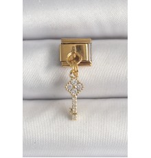316L Çelik Gold Renk Sallantı Zirkon Taşlı Anahtar Model Nomination Charm - TJ-BC1338