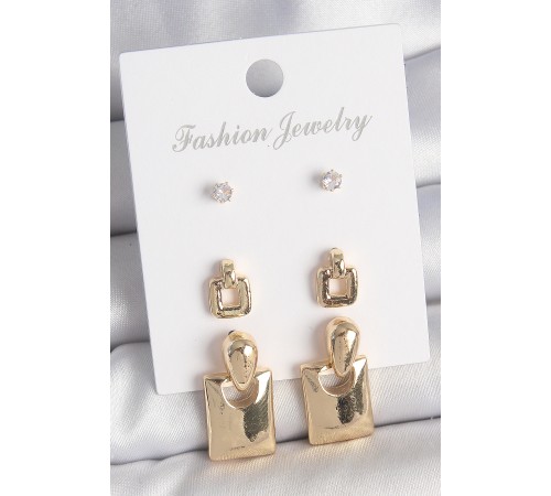Pirinç Gold Renk Zirkon Taşlı Sallantılı Kare Model 3 Çift Kadın Küpe Seti - TJ-BKP10620 Pirinç Gold Renk Zirkon Taşlı Sallantılı Kare Model 3 Çift Kadın Küpe Seti - TJ-BKP10620