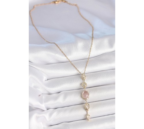 316L Çelik Zincir Gold Renk Pembe Zirkon Taşlı Y Kolye - TJ-BKO10226