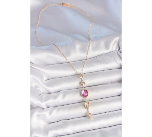 Pirinç Zincir Gold Renk Pembe Zirkon Taşlı Y Kolye - TJ-BKO10228