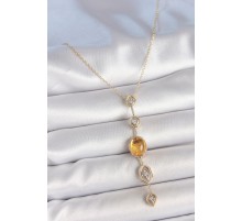 Pirinç Zincir Kehribar Sarı Gold Renk  Zirkon Taşlı Y Kolye - TJ-BKO10230