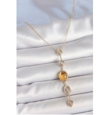 Pirinç Zincir Kehribar Sarı Gold Renk  Zirkon Taşlı Y Kolye - TJ-BKO10230