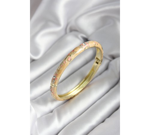Mineli Pirinç Krem Çiçek Desenli Zirkon Taşlı Gold Renk Kadın Kelepçe (çap 60 mm) - TJ-BB6991 Mineli Pirinç Krem Çiçek Desenli Zirkon Taşlı Gold Renk Kadın Kelepçe (çap 60 mm) - TJ-BB6991