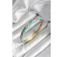Mineli Pirinç Turkuaz Çiçek Desenli Gold Renk Kadın Kelepçe (çap 60 mm) - TJ-BB7002