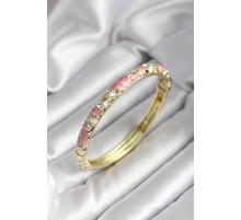 Mineli Pirinç Pembe Çiçek Desenli Zirkon Taşlı Gold Renk Kadın Kelepçe - TJ-BB7013